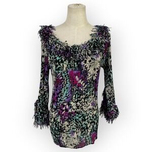 Violin Pleated Abstract Print Blouse Purple Teal Fringe Trim Bell Sleeve Medium